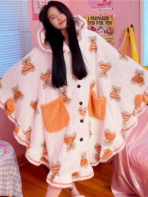 パジャマ レディース 秋冬 バット スリーブ 厚手 フランネル フード付き マント バスローブ ミドル 丈 スカート かわいい コーラル ベルベット ナイトウェア ホームウェア