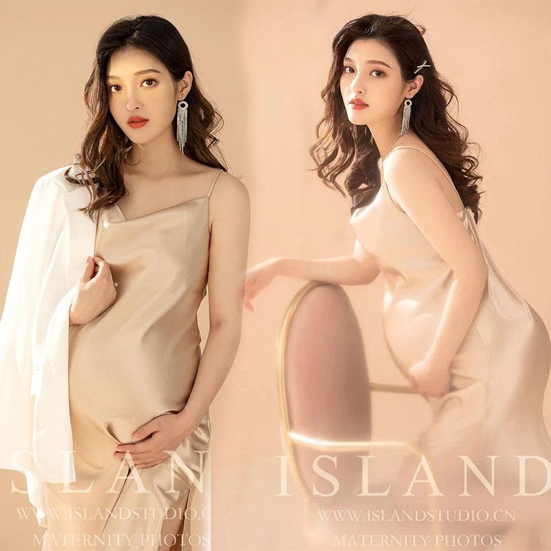 マタニティ フォト 衣装 おしゃれ 記念 妊婦 写真 さわやか ママ スタジオ 撮影 フリーサイズ キャミソールワンピース ジャケット セット シンプル(4)