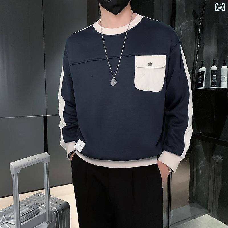 メンズ 秋冬 カジュアル ラウンドネック カラーマッチング スウェットシャツ ジャケット イン ルース プルオーバー トップス おしゃれ かっこいい シンプル