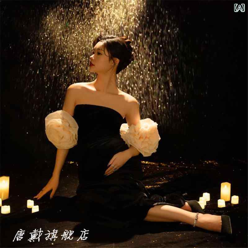 マタニティ ドレス フォト 衣装 おしゃれ 思い出 記念 写真 スタジオ レトロ 黒 ハイエンド 妊娠 スリム 撮影 フリーサイズ ブラック シンプル かわいい
