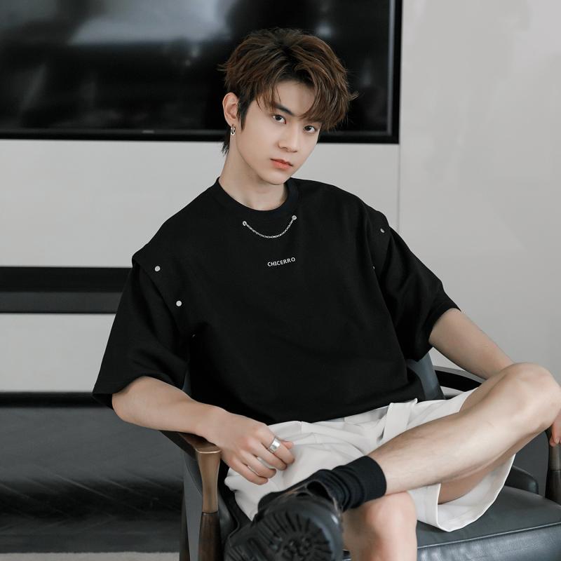 半袖 トップス メンズ 夏 Tシャツ ゆったり ラウンドネック ノースリーブ 2WAY スナップボタン 手洗い 個性的 カジュアル スタイリッシュ 黒 白