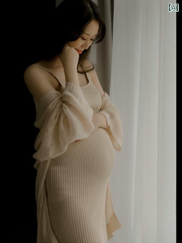 マタニティ ドレス フォト 衣装 おしゃれ 妊婦 思い出 記念 写真 撮影 美しい カーキ色 カーディガン スカート スタジオ ワンピース シンプル かわいい セット