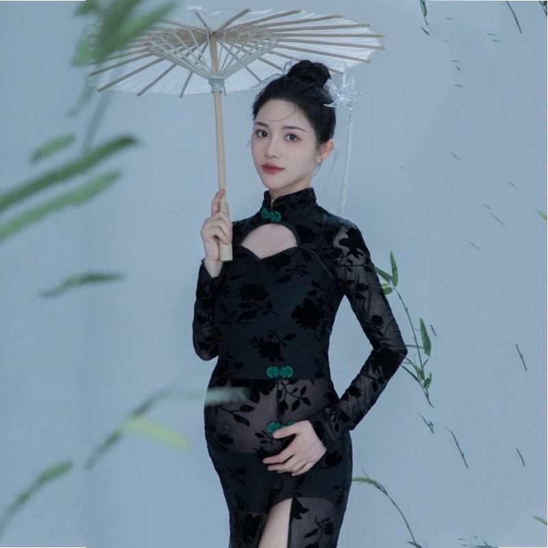 マタニティ チャイナドレス レディース おしゃれ シンプル かわいい フォト スタジオ 妊婦 写真 美しい レトロ 妊娠 撮影 中国風 フリーサイズ 黒