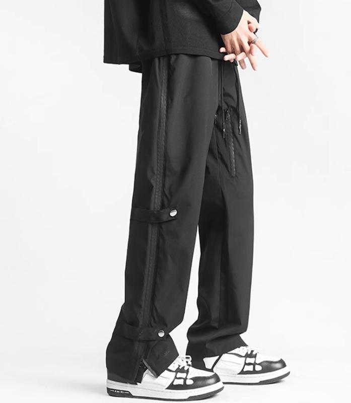 メンズ フィットネス パンツ ジム トレーニング ズボン アメリカ 機能的 サイド ジッパー カジュアル 男性用 ストリート ストレート スポーツ パンツ ブラック