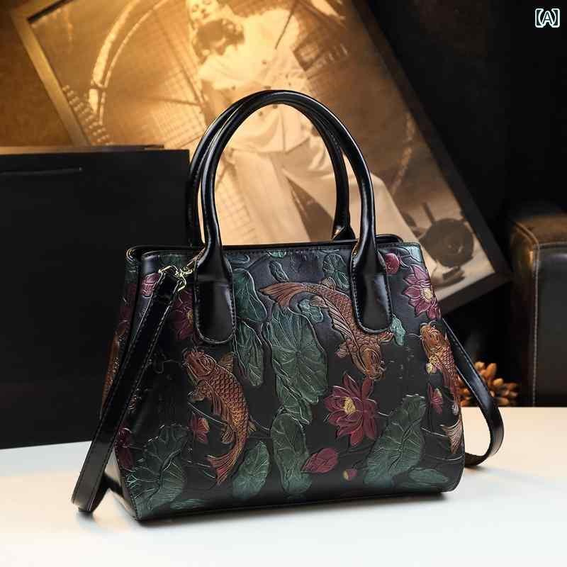 ハンドバッグ レディース おしゃれ ポリエステル チャイナ風 女性 トートバッグ 義母 革 ショルダー サンドイッチジッパーバック 牛スプリットレザー(4)