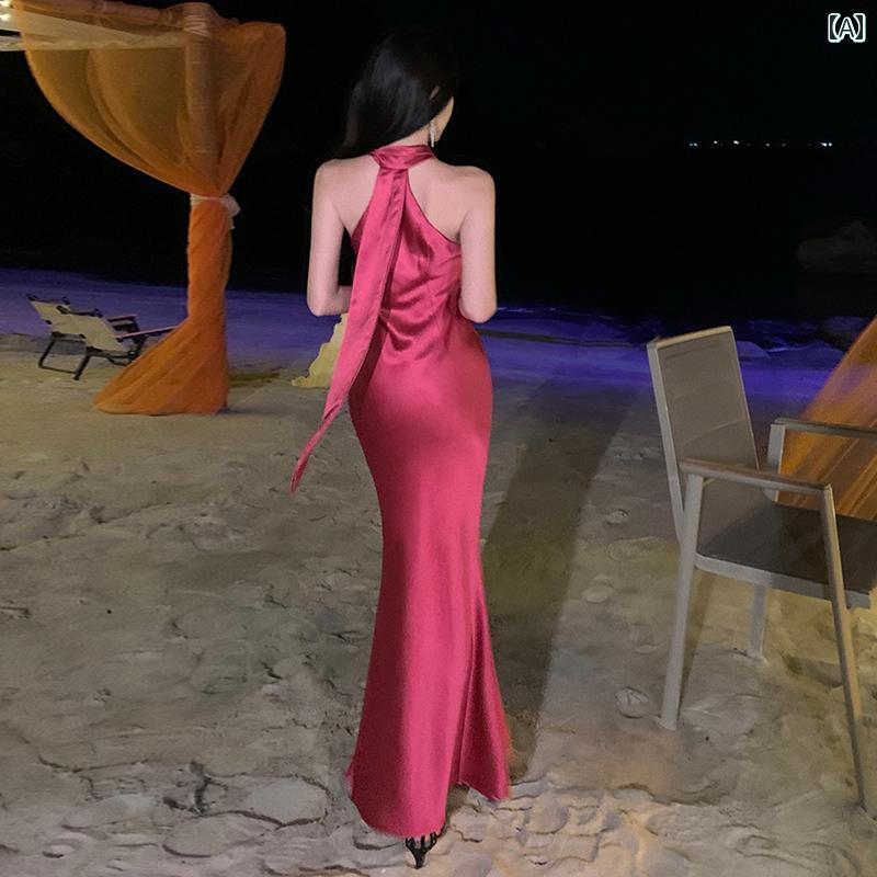 リゾート ファッション チャイナ風 ウェディング 朝 写真 レディース 小さい ドレス ハイエンド サテン ドラゴンフルーツ カラー ブライダル ガウン ウェディング フィッシュ テール ロング ドレス ワンピース