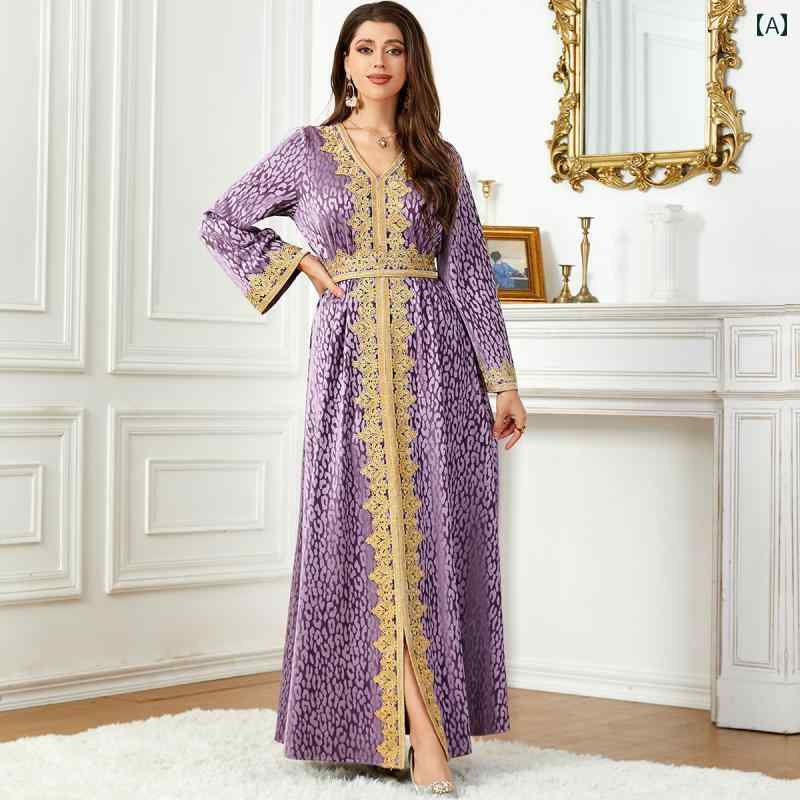 レディース 民族衣装 高貴 エレガント アラビア 秋冬 紫 プリント ベルベット ドレス 中東 ドバイ イブニングドレス ヒョウ柄
