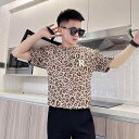 半袖tシャツ メンズ 夏 ヒョウ柄 薄手 通気性 伸縮 トップス 英字 ロゴ クルーネック 大きいサイズ 旅行 レジャー カジュアル おしゃれ 黒 グレー 茶