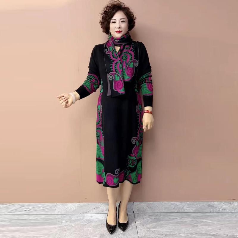 レディース 婦人服 ママ ニット ドレス エレガント ゆったり ビッグ 本格的 カラー スリム プルオーバー 大きいサイズ セーター ドレス Vネック 春秋冬 長袖 ワンピース