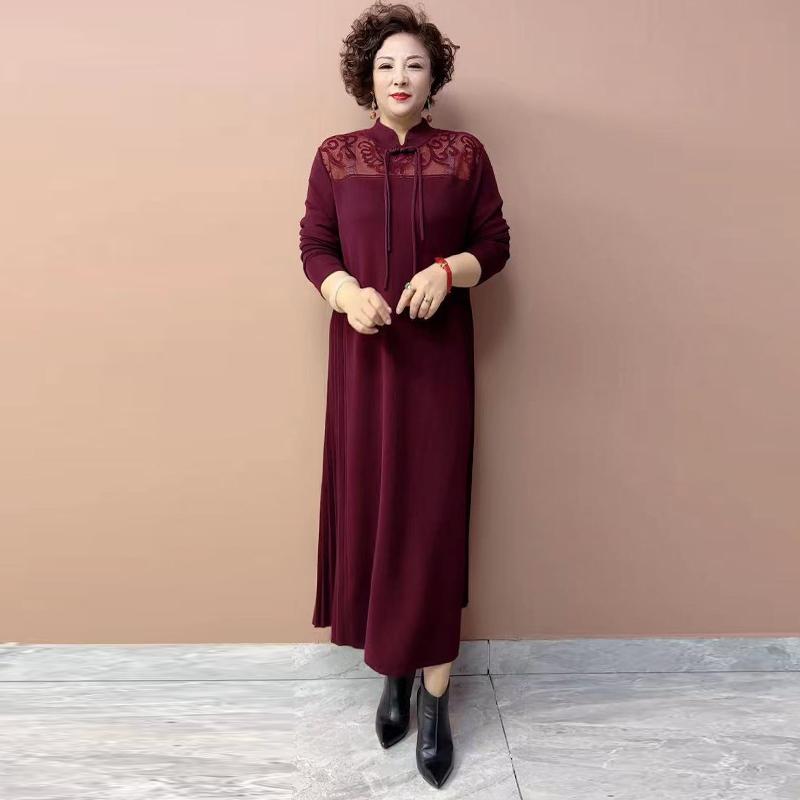 レディース 婦人服 チャイナ ドレス 秋冬 ドレス 長袖 大きいサイズ ニット スカート レトロ ジャカード 体型 カバー スリム ボトム ワンピース 上品