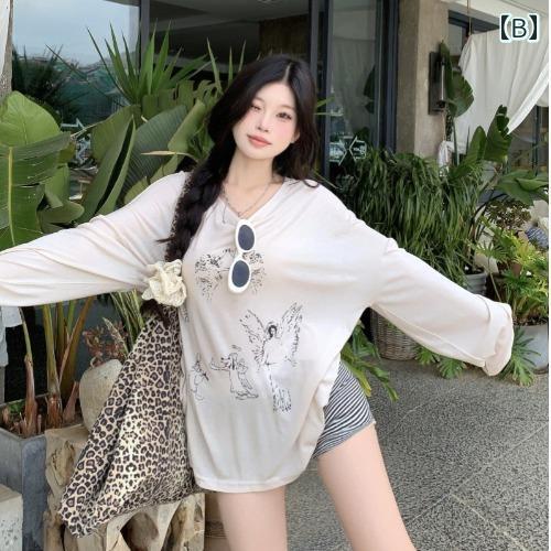tシャツ レディース おしゃれ カジュアル アメカジ レトロ エンジェル プリント 長袖 日焼け防止 女性 夏 薄手 わずかに シースルー ルーズ ゆったり トップス