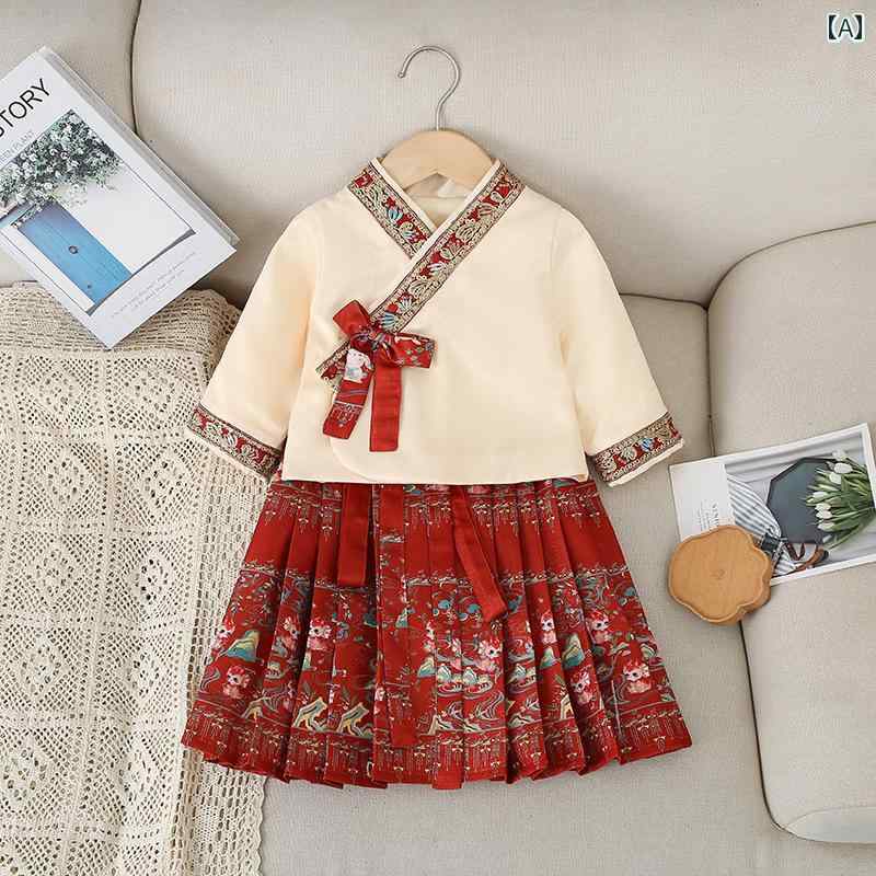 民族衣装 かわいい 子供服 女の子 キッズ オールシーズン プリンセス ファッション ベージュ 漢服 チャイナ風 スカート ドレス 冬 ツーピース