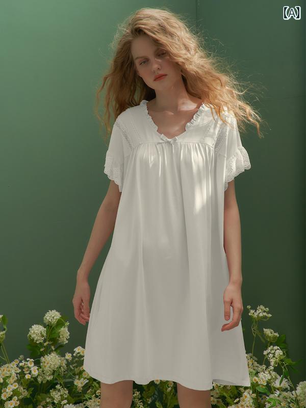 パジャマ ネグリジェ レディース 半袖 レース フリル シフォン ワンピース Aラインドレス ガウン フレ..