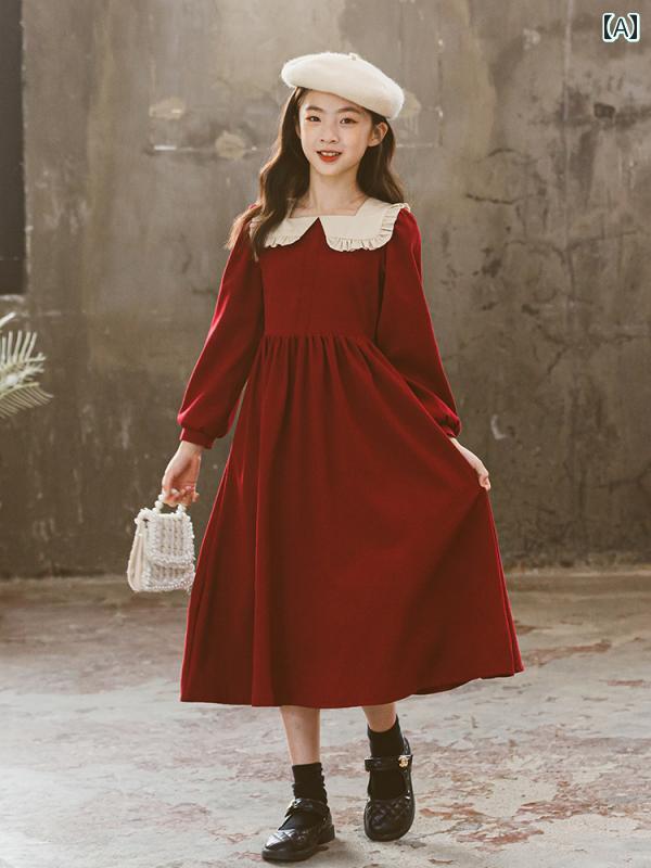 子供服 ワンピース キッズ 女の子 かわいい プリンセス ファッション レトロ ドレス コットン 冬 ロング スカート 文学 カジュアル