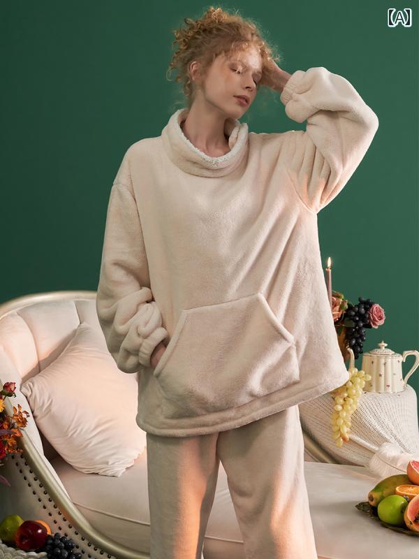 楽天モズラボパジャマ レディース 冬 厚手長袖 ロングパンツ もこもこ 暖か 裏起毛 フリース ポケット付き ミドルネック ルーム ナイト ホームウェア 部屋着