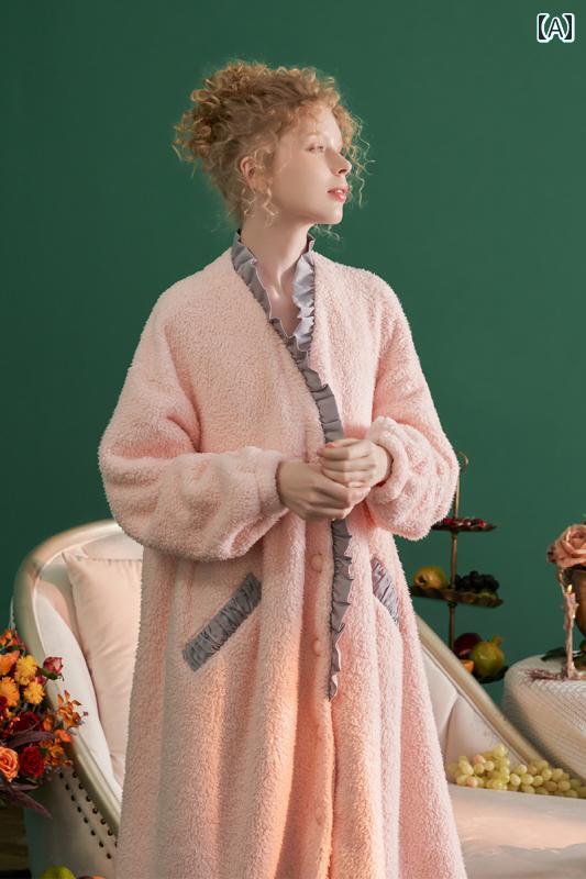 楽天モズラボネグリジェ パジャマ 宮殿風 レディース 長袖 ロングガウン バスローブ もこもこ 暖か 前ボタン ポケット付き フリース ルーム ナイト ホームウェア