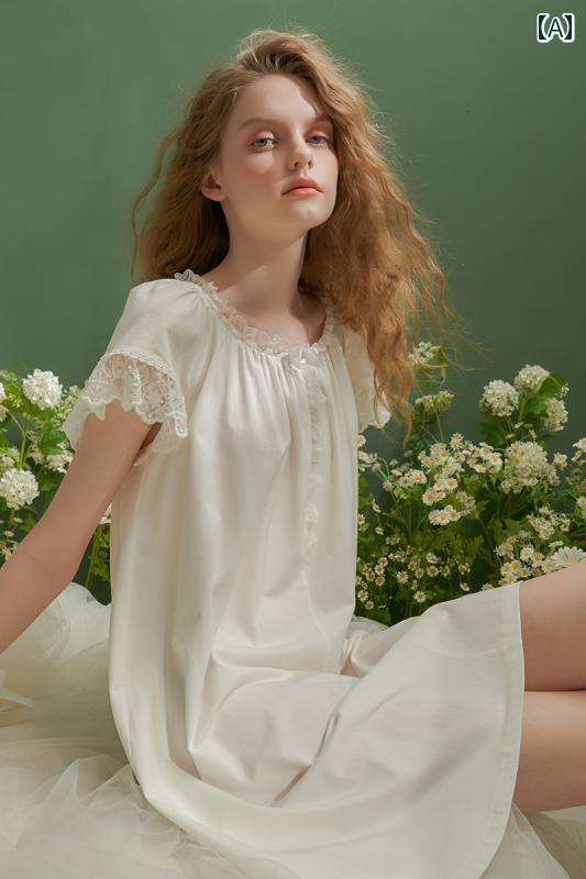 ネグリジェ レディース 宮廷風 半袖 レース フリル ワンピース ドレス シンプルフレンチ 上品 ルーム ..