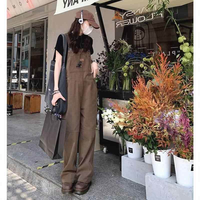 デニム オーバーオール サロペット レトロ コーヒー デニム サスペンダーパンツ レディース 夏 ゆった..