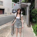 レディース クール デニム サスペンダーパンツ サロペット オーバーオール スカート 夏 ウエスト ヒップ ドレス 若見え デニム サスペンダーパンツ サロペット オーバーオール スカート