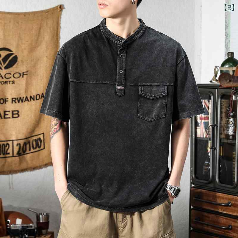 メンズ アメリカン レトロ ヘンリー カラー ウォッシュ 夏 半袖 Tシャツ コットン ポロシャツ ゆったり ファッション