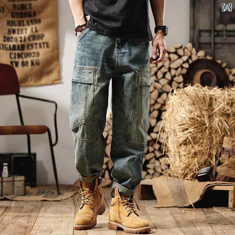 メンズ デニム パンツ ワーク ロングパンツ カジュアル ストリート おしゃれ マルチポケット付 動きやすい 普段着 仕事 旅行 レトロ アメカジ ダンス 趣味 パフォーマンス 衣装 アウトドア レジャー
