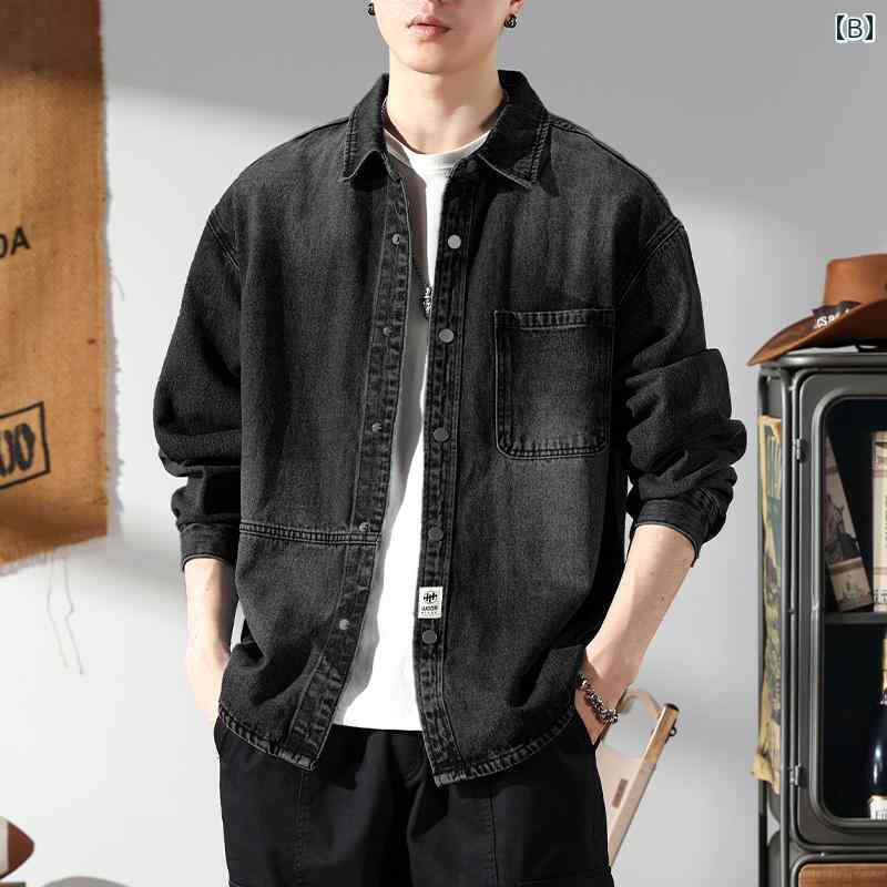 メンズ 春秋 長袖 デニム ジャケット アウター シャツ 上着 羽織 前ボタン 襟 胸ポケット付 カジュアル おしゃれ きれいめ 普段着 仕事着 レトロ アメカジ 趣味 ダンス パフォーマンス 衣装 アウトドア レジャー 旅行