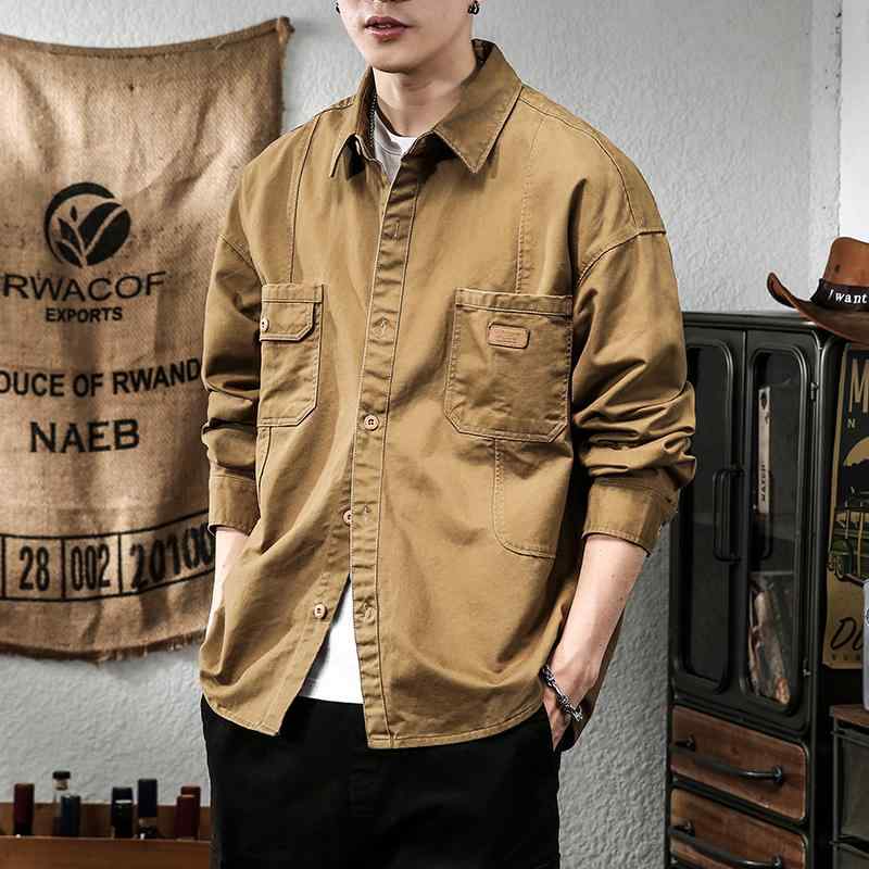 デニムジャケット メンズ レトロ カーキ コットン 長袖 シャツ 男性用 春 アメリカン シャツ カジュアル デニムジャケット ゆったり ファッション