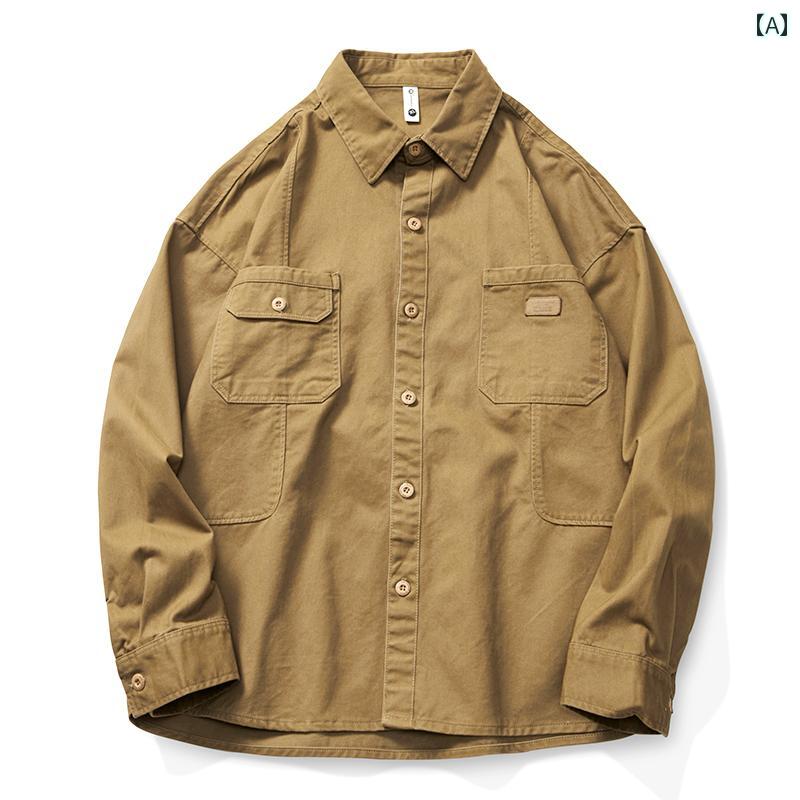 デニムジャケット メンズ レトロ カーキ コットン 長袖 シャツ 男性用 春 アメリカン シャツ カジュアル デニムジャケット ゆったり ファッション