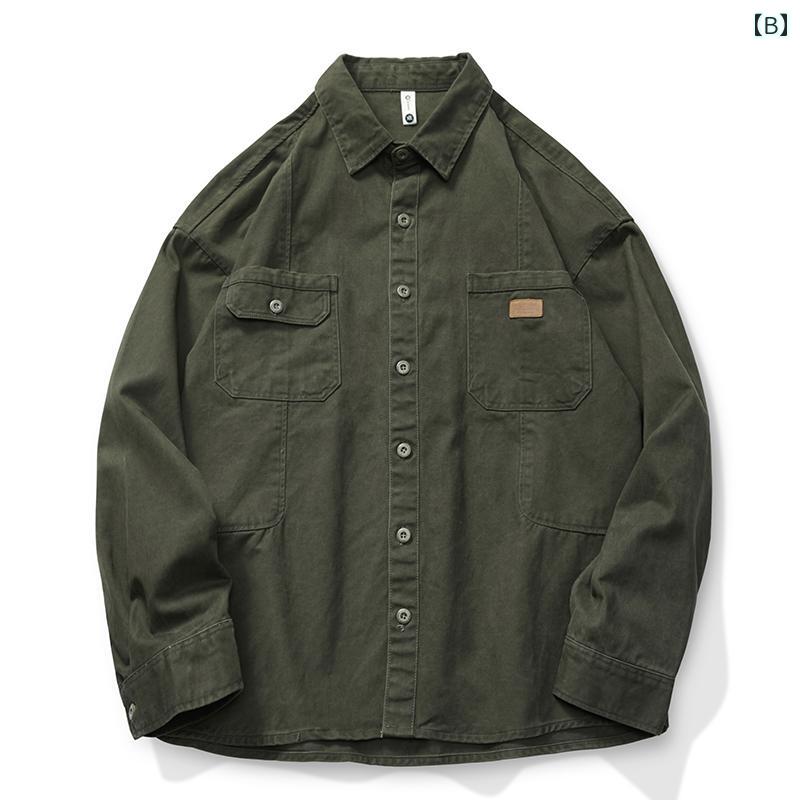 デニムジャケット メンズ レトロ カーキ コットン 長袖 シャツ 男性用 春 アメリカン シャツ カジュアル デニムジャケット ゆったり ファッション
