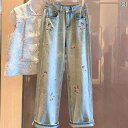 レディース 花柄刺繍 デニムパンツ ロングパンツ ハイウエスト すっきりシルエット 美脚 美尻 脚長 細見え アップ カジュアル おしゃれ かわいい 普段着 仕事着 旅行 女子会 レジャー