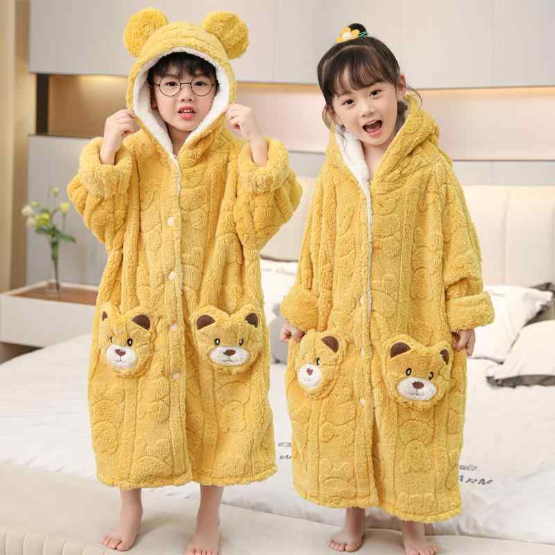 キッズ パジャマ ナイトウェア バスローブ ネグリジェ リラックス ウェア ルームウェア ガウン ロング フード付き かわいい 厚手 衣料品 親子 子供 秋冬