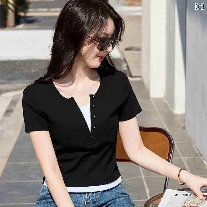 カットソー 半袖 レディース 夏 重ね着風 Vネック Tシャツ スリム トップス カジュアル シンプル 無地 短め 緑 モカ 黒 大きいサイズ