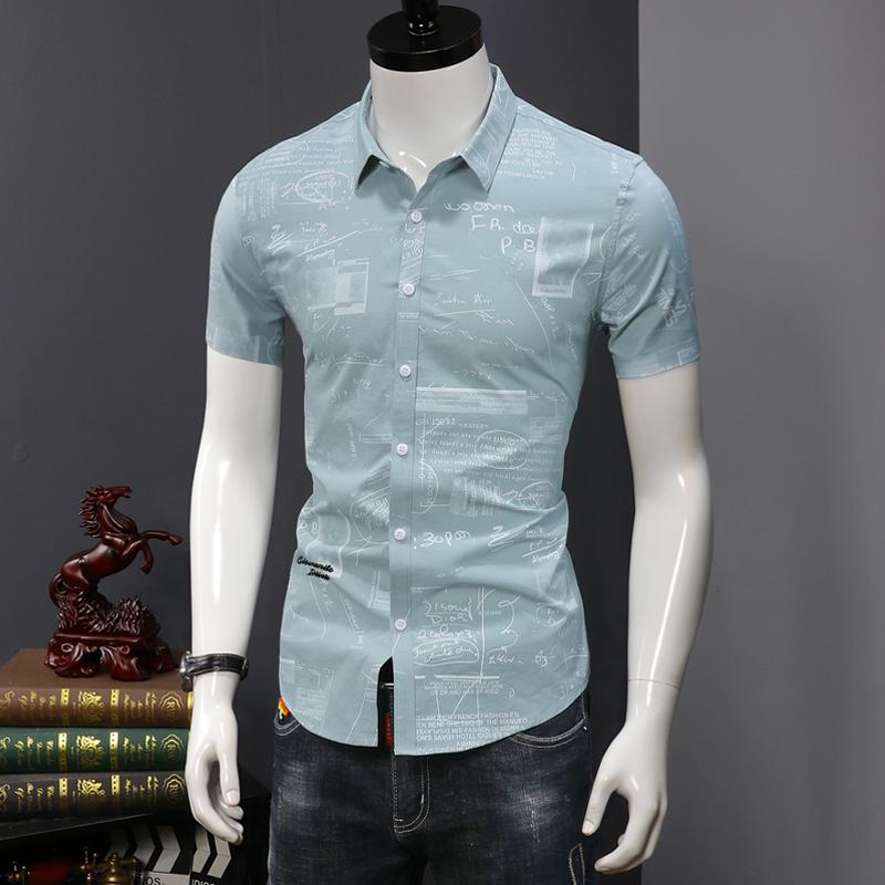 メンズシャツ 夏 半袖 男性 大きいサイズ 普段着 カジュアル スリム おしゃれトップス 薄手 黄色 緑 ポインテッドカラー テキスト柄