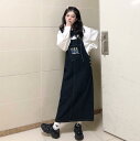 オーバーオール サロペット レディース シック 韓国 春 かわいい デニム サスペンダー Aライン スカート ファッション 小さい レトロ 刺繍入り スリット ドレス ロング ハイウエスト カジュアル