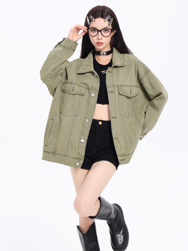 デニム ジャケット 韓国 レトロ ダメージ加工 グリーン レディース ファッション 春秋 ゆったり 万能 トップス 長袖 カジュアル おしゃれ かわいい