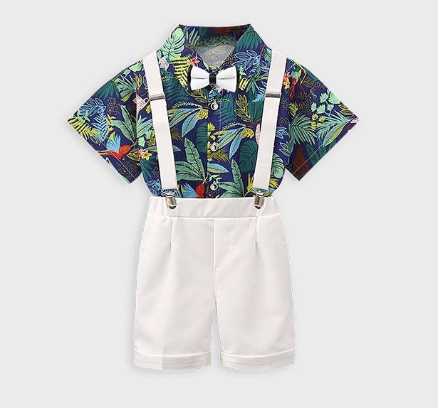 キッズ 男の子 カジュアルスーツ おしゃれ着 夏 プリント 薄手 オーバーオール 花柄シャツ スーツ 子供 シャツ 半袖 男の子 スーツ 個性的 発表会