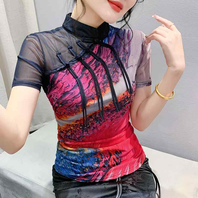 トップス レディース 半袖 夏 スタンドカラー メッシュ シアー Tシャツ レトロ チャイナボタン 大きいサイズ シースルー おしゃれ おでかけ 旅行 プリント 柄