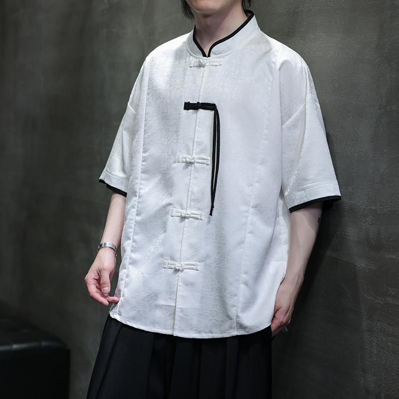 Chinese-style shirt for men, summer top, short sleeves, stand collar, loose fit, plus sizes, simple, retro, Tang dynasty, Hanbok, monochrome, black, white.