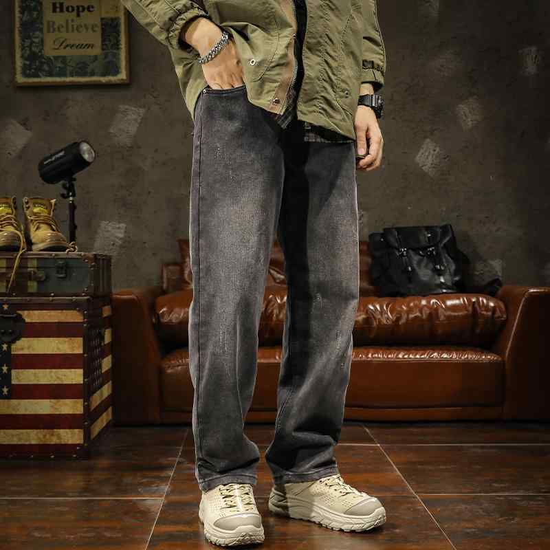 デニムパンツ メンズ アメリカン レトロ ヘビーウェイト ウォッシュド ノスタルジック ジーンズ ストレート 春秋 ドレープ ロング パンツ ヴィンテージ デニム ファッション かっこいい カジュアル