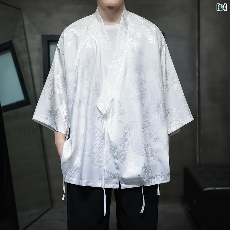 メンズ トップス 漢服 チャイナ風 夏 薄手 涼しげ カーディガン 道教 茶 禅 大きいサイズ コート ブラック ホワイト