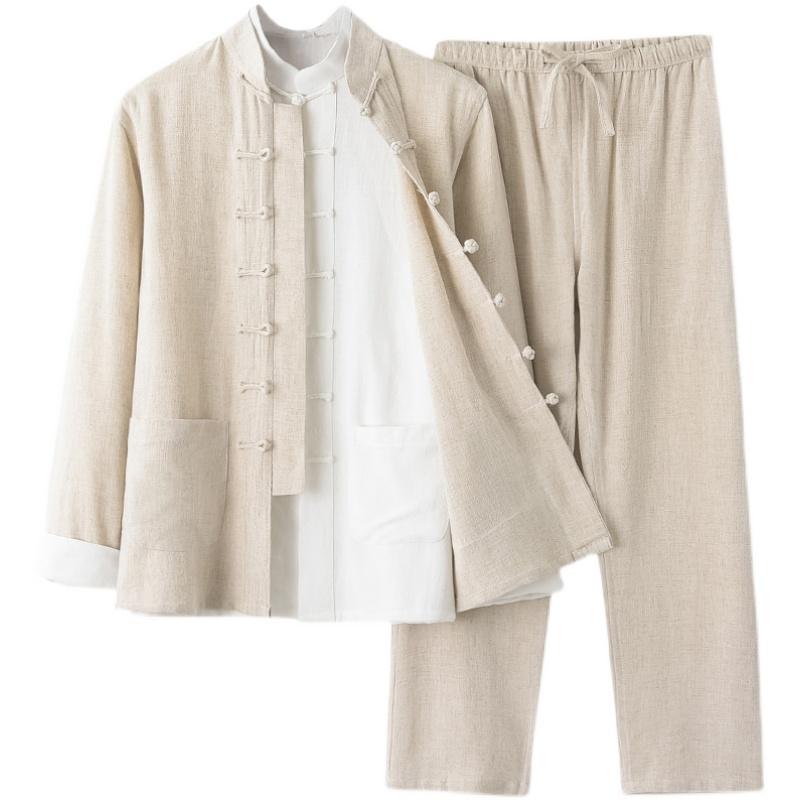 メンズ ファッション トップス カットソー シャツ スーツ セット ロング パンツ ズボン レトロ チャイナ風 唐装 男性 漢服 カジュアル 長袖 薄手 夏