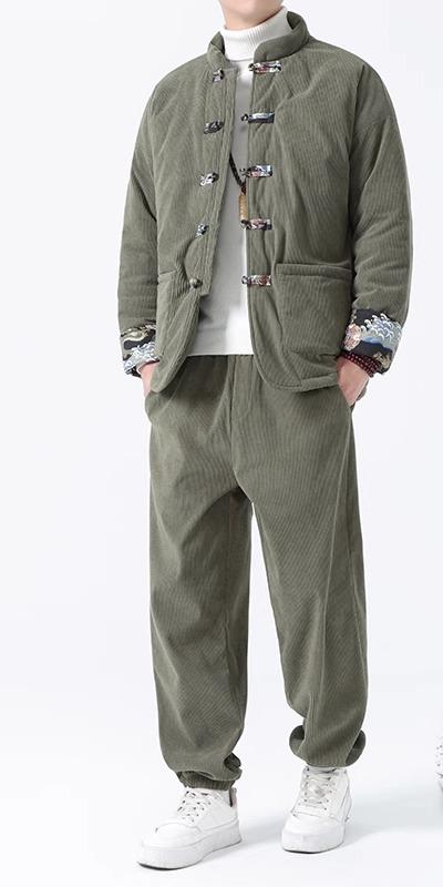 中華風 セット アップ ファッション トップス ジャケット コート カットソー シャツ スーツ セット ロング パンツ ズボン レトロ チャイナ風 唐装 男性 漢服 カジュアル 長袖 冬 メンズ