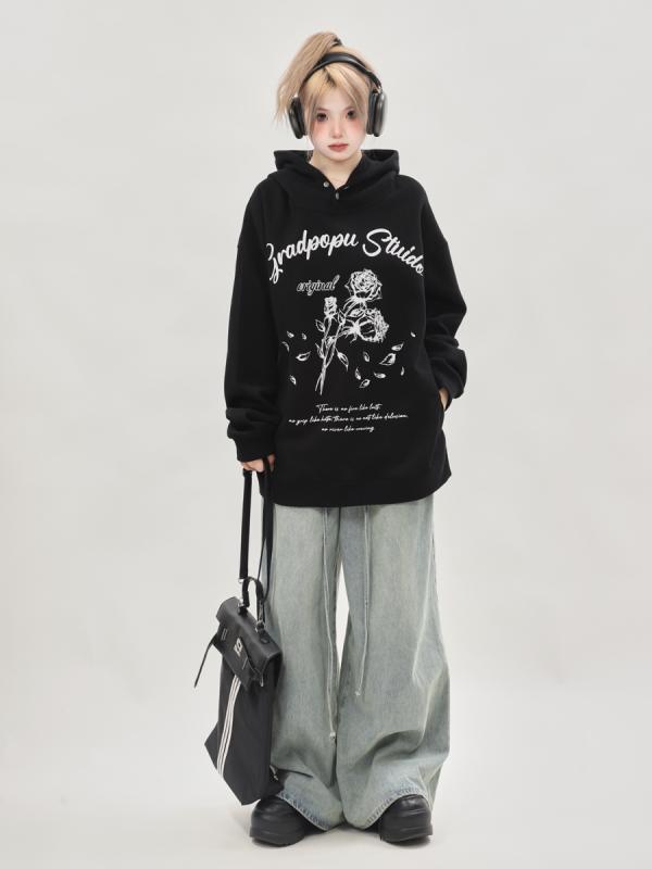 パーカー アメリカン レトロ シック オーバー サイズ ローズ ブラック スウェットシャツ レディース フード付き カップル 着用 春秋