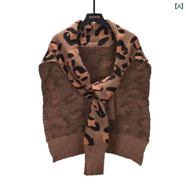 レディース ヒョウ柄 結び目 ショール 秋冬 ニット スカーフ ネック ブラウン 厚手 韓国 おしゃれ