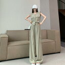 セットアップ レディース ノースリーブ シングルブレスト ボタン ラウンドネック プルオーバー トップス ポケット 夏 ハイウエスト ストレート ワイド ロング 大人 カジュアル 黒