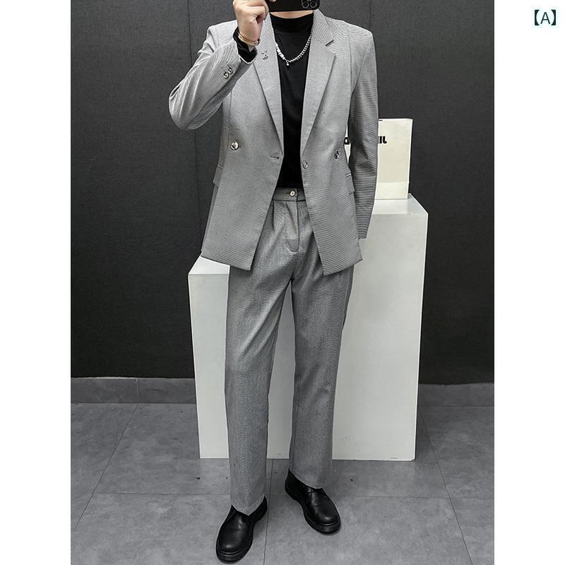 メンズ おしゃれ着 男性用 スリット スーツ ツーピース スーツ ハイエンド カジュアル ショルダーパッド スーツ ワイドレッグ パンツ スーツ