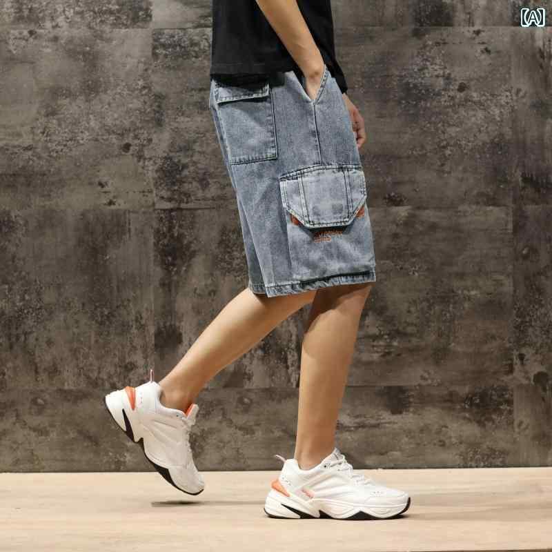 Cotton Pants - メンズ ハーフパンツ 半ズボン 五分丈 カーゴ 夏 デニム 綿 コットン ショート ストレート レトロ サイドポケット刺繍 ウォシュド 薄手 ゆったり 通気性 カジュアル 男性用 レジャー ワーク マルチポケット 大きいサイズ ウェストゴム紐 黒 ブルー