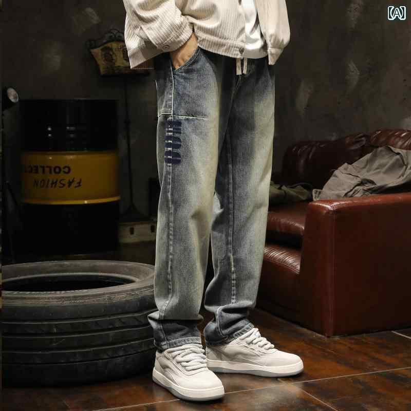 ロングパンツ 長ズボン アメリカン 春秋 レトロ デニム ヴィンテージ ジーンズ カジュアル ゆったり ストレート ストリート 男性 綿混紡 コットン やや伸縮性あり ブルー ノスタルジック トラディショナル クラシック 男性用 大きいサイズ 立体仕上げ