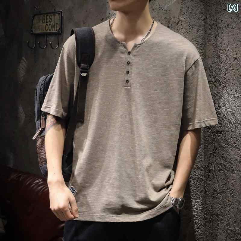 メンズ Tシャツ 半袖 アメリカン 夏 カジュアル レジャー 綿 ラウンドネック 丸首 ヘンリーカラー ボタン コットンウール 無地 単色 シンプル ゆったり 大きいサイズ 男性 ノーアイロン ロイヤルブル カーキ グレー ホワイト ポロシャツ トップス
