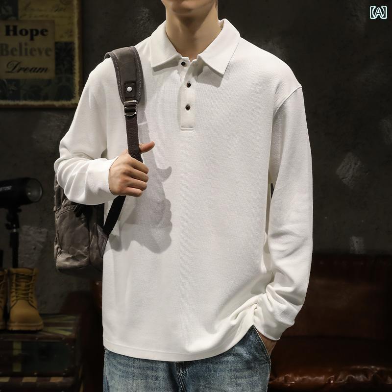 メンズ 長袖シャツ ポロシャツ 春秋 ゆったり コットン 襟付き ドロップスリーブ 男性用 ノーアイロン シンプル 単色 大きいサイズ トップス ダークグレー カーキ ブラック レイクブルー ミルクホワイト ブラウン ネイビーブルー グリーン